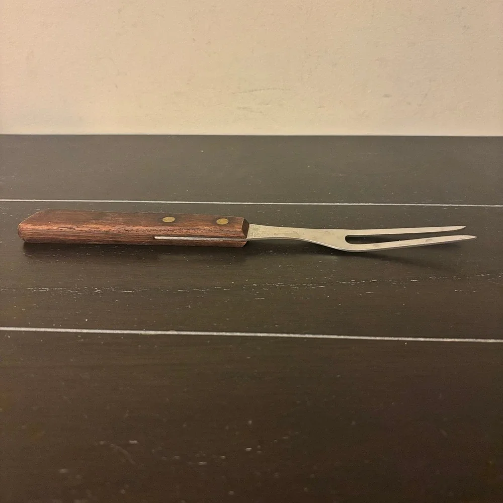 Vintage | Stainless Steel | 2 Tine Meat‎ Carving Fork Wood Handle | Japan 9.25